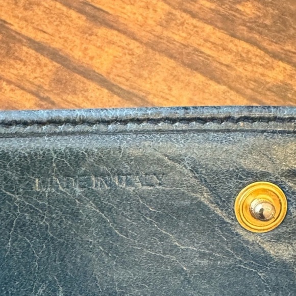 Prada Long Double Snap Flap Wallet Distressed Blue Green Leather Gold Hardware - Picture 13 of 14